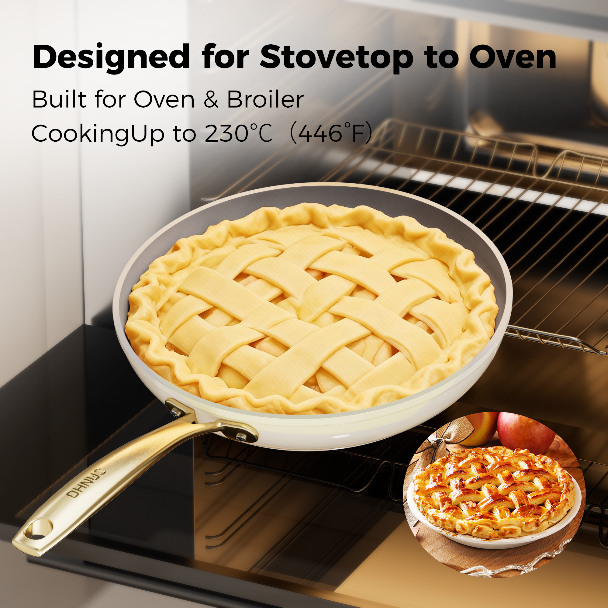 Sanho Diamond Titanium Ceramic Frying Pan Feature Graphic