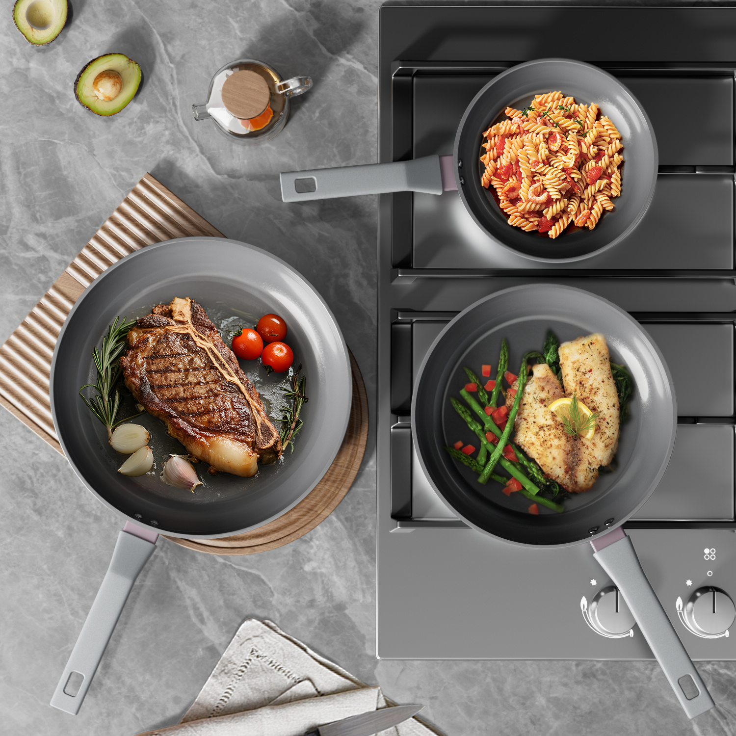 Sanho Nonstick Ceramic 8" 10" and 12" Frying Pan Set Lifestyle Image