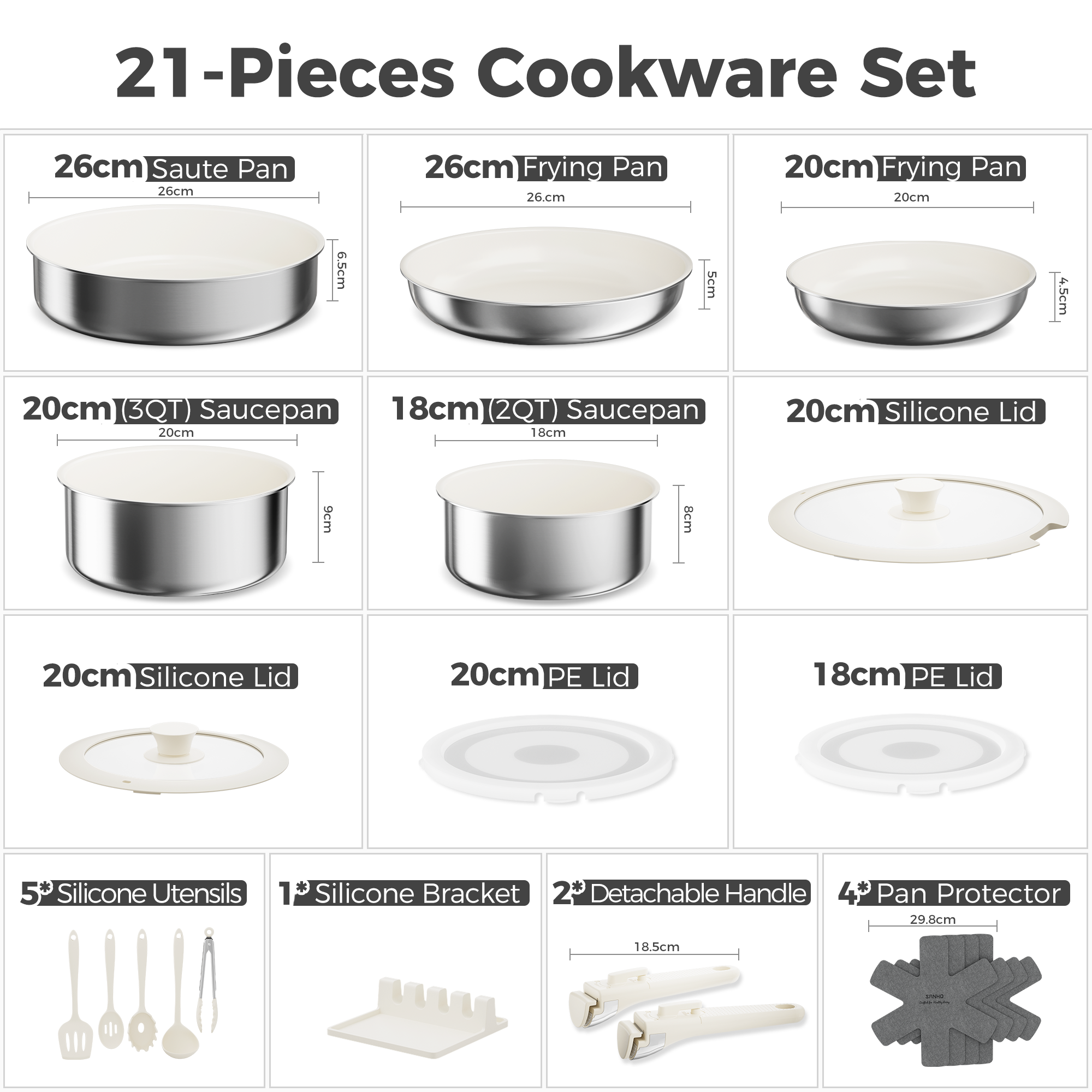 Sanho 21-Piece Tri-Ply Stainless Steel Cookware Set - Sanho