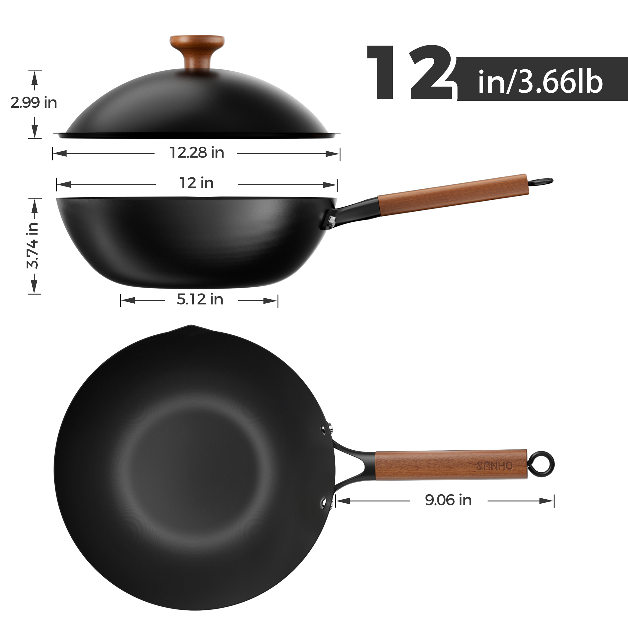 Sanho Carbon 12" Steel Wok with Lid Dimensions Image