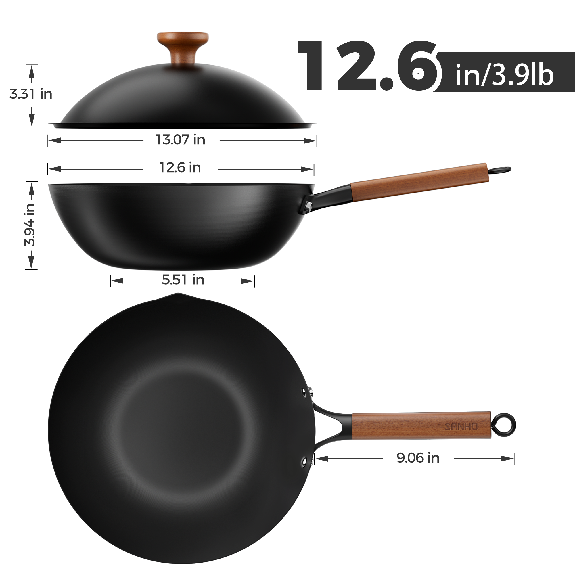 Sanho Carbon 12.6” Steel Wok with Lid Dimensions Image