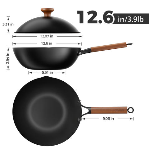 Sanho Carbon 12.6” Steel Wok with Lid Dimensions Image