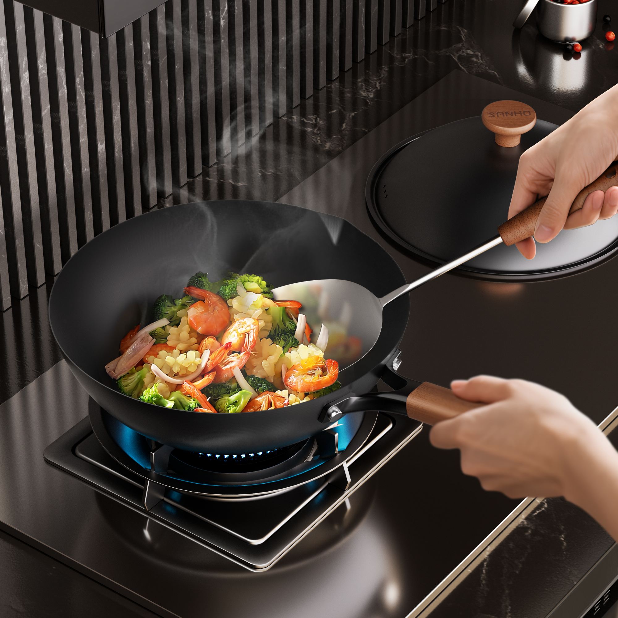 Sanho Carbon Steel Wok with Lid Lifestyle Image