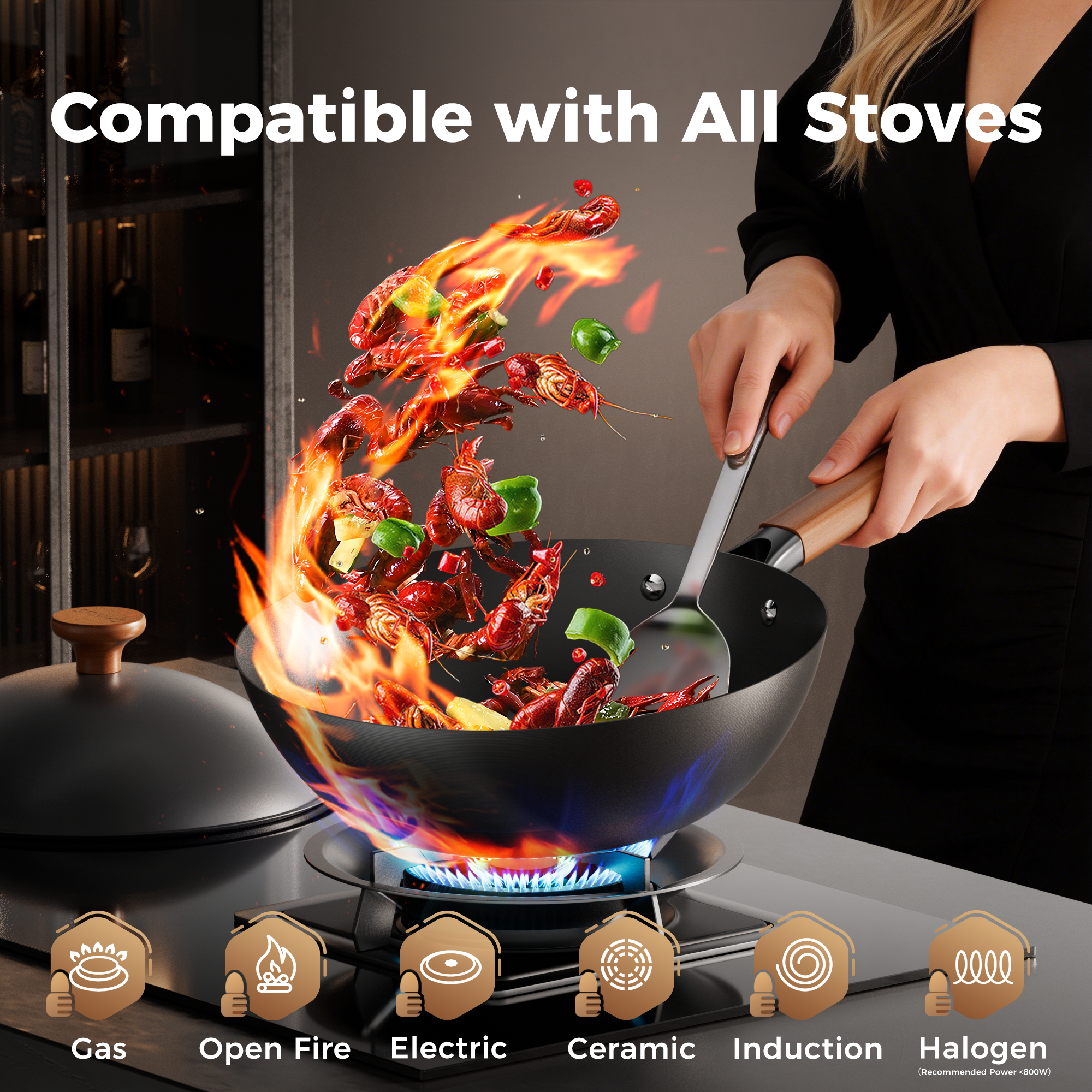 Sanho Carbon Steel Wok with Lid Feature Graphic