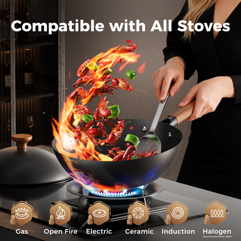 Sanho Carbon Steel Wok with Lid Feature Graphic