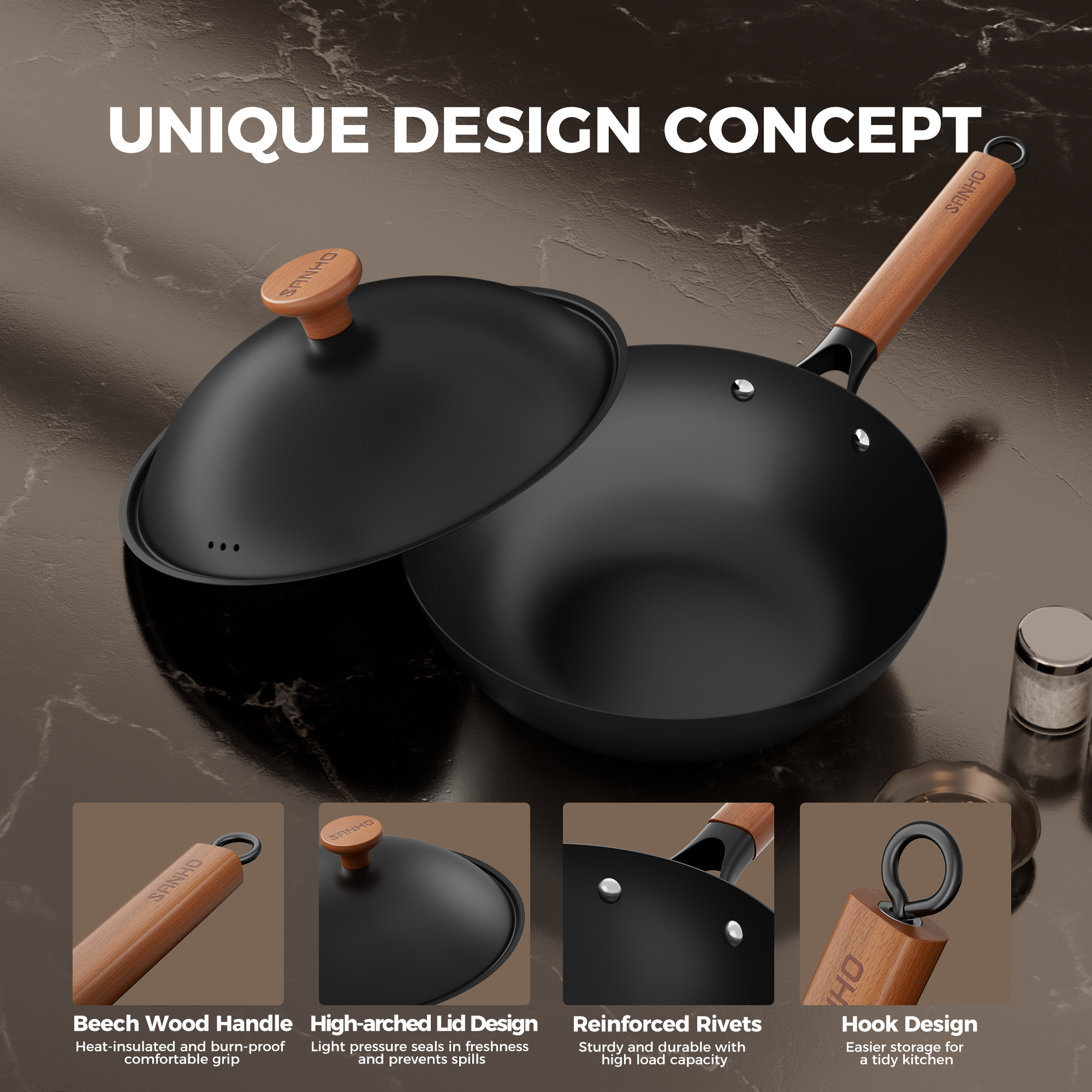 Sanho Carbon Steel Wok with Lid Detail Images