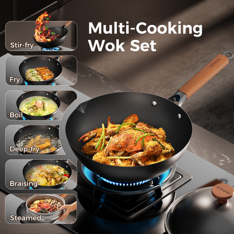 Sanho Carbon Steel Wok with Lid Feature Graphic